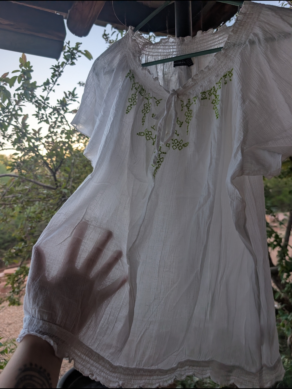 White Peasant Blouse with Green Embroidery - Women Tops - Picture 3 of 6